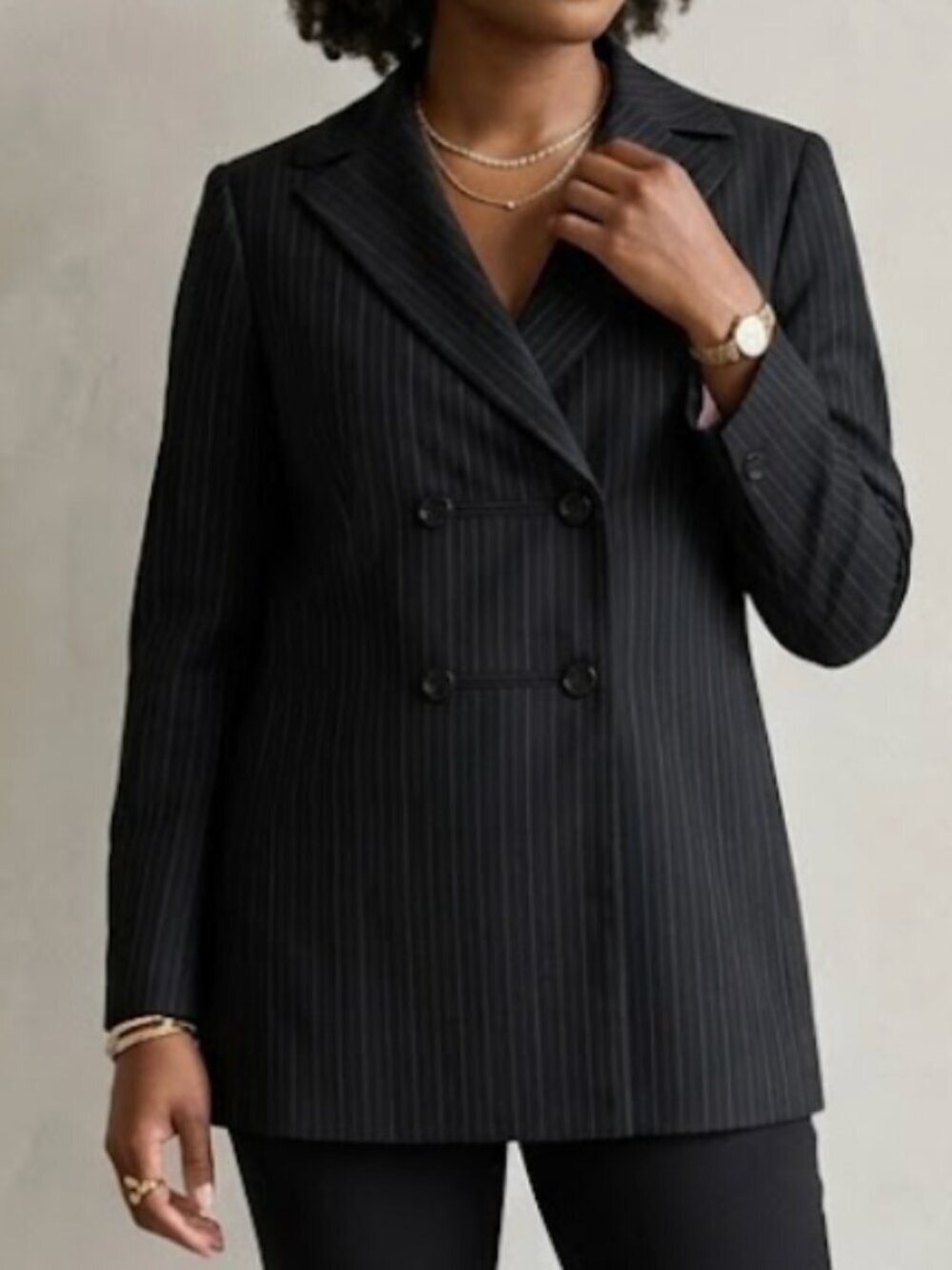 Tahari Pinstripe Wool Blazer Black Double Breasted Boxy Jacket SZ 10